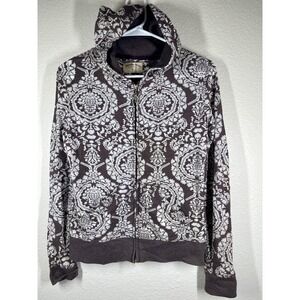Dorothy Blue Hoodie Womens Large Brown White Floral Zip Up Jacket